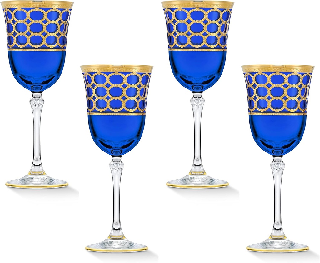 Lorren Home Trends Cobalt Blue Red Wine Goblet with Gold Rings, Set of 4