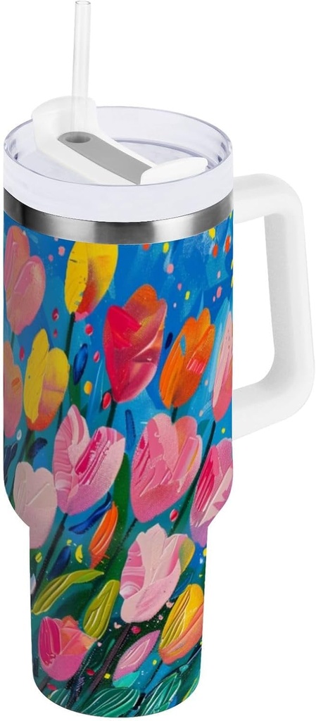 40 oz Tumbler With Handle and Straw Lid, Stainless Steel Vacuum Insulated Tumbler for Water, Iced Tea or Coffee, Easy to Clean (Oil on Canvas Tulips)