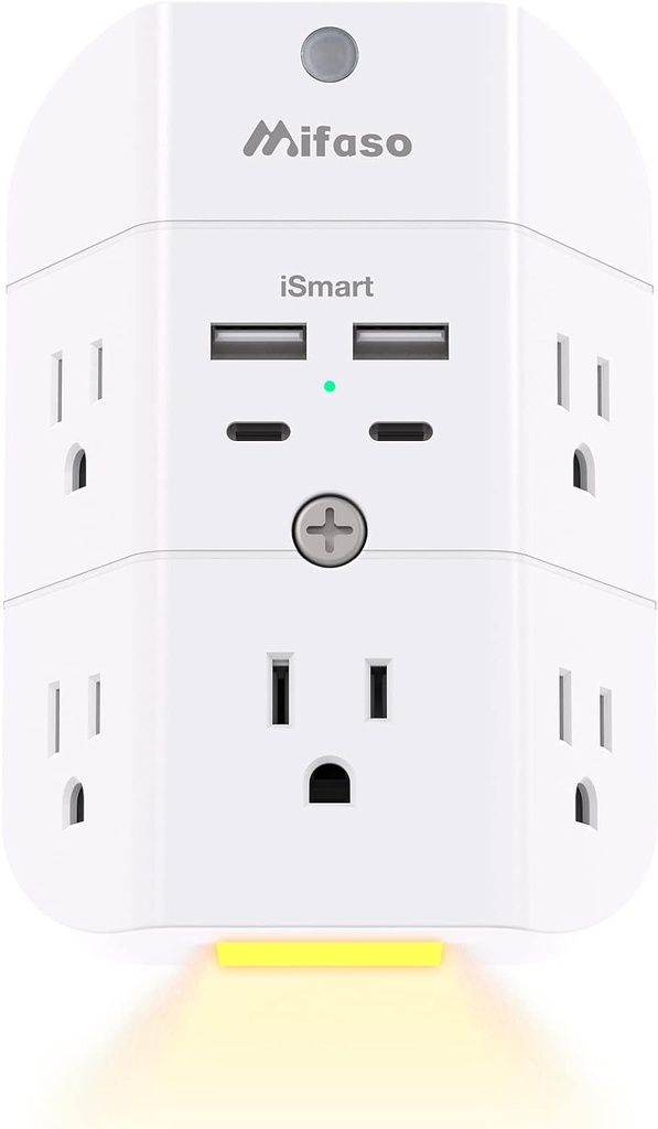 Surge Protector Outlet Extender - with Night Light, 5-Outlet Splitter and 4 USB Ports (2 USB C Charger), Multi Plug Outlet for Home, Dorm Room Essentials