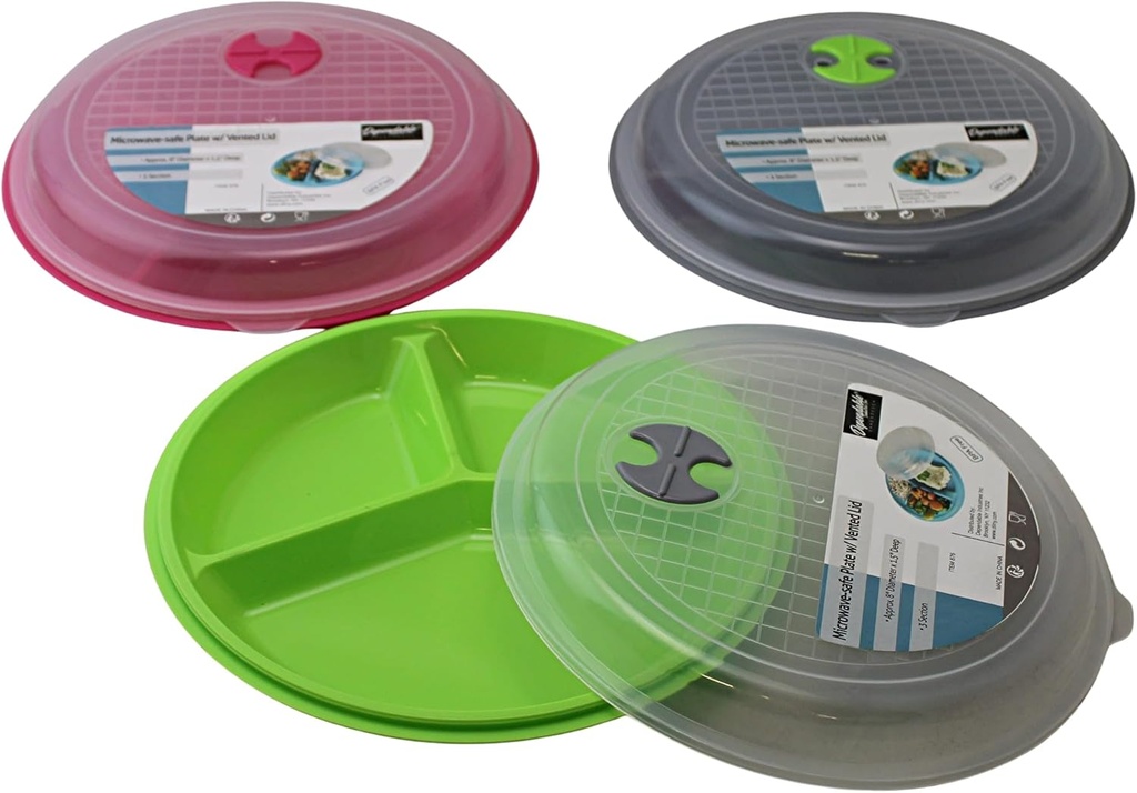 Dependable Industries inc. Essentials 3-Pack Divided Microwave Plates with Vented Lids – 8.75” x 8.75” – Meal Prep & Portion Control, BPA-Free, Stackable Food Storage, Freezer & Dishwasher Safe