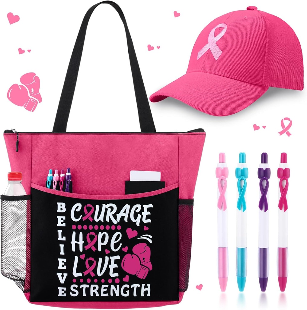 6 Pcs Breast Cancer Awareness Tote Bag Pink Ribbon Hat Pen Breast Cancer Awareness Gift Set for Women