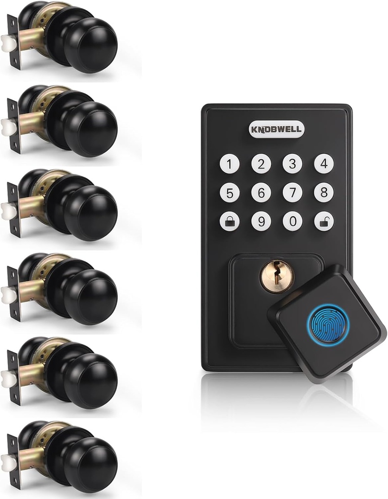 KNOBWELL 6 Pack Passage Interior Door Knob Closet Black Hallway Door Knob and 1 Pack Keypad Fingerprint Smart Deadbolt Lock
