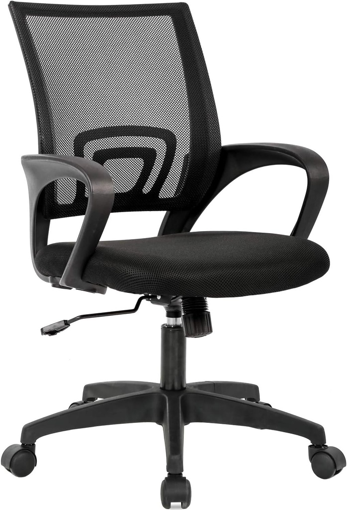 BestOffice | Ergonomic Office Chair | Mid-Back Swivel Desk Chair | Breathable Backrest & Lumbar Support | Adjustable Height | Sponge Seat | Rolling Wheels | Black | for Adults & Women