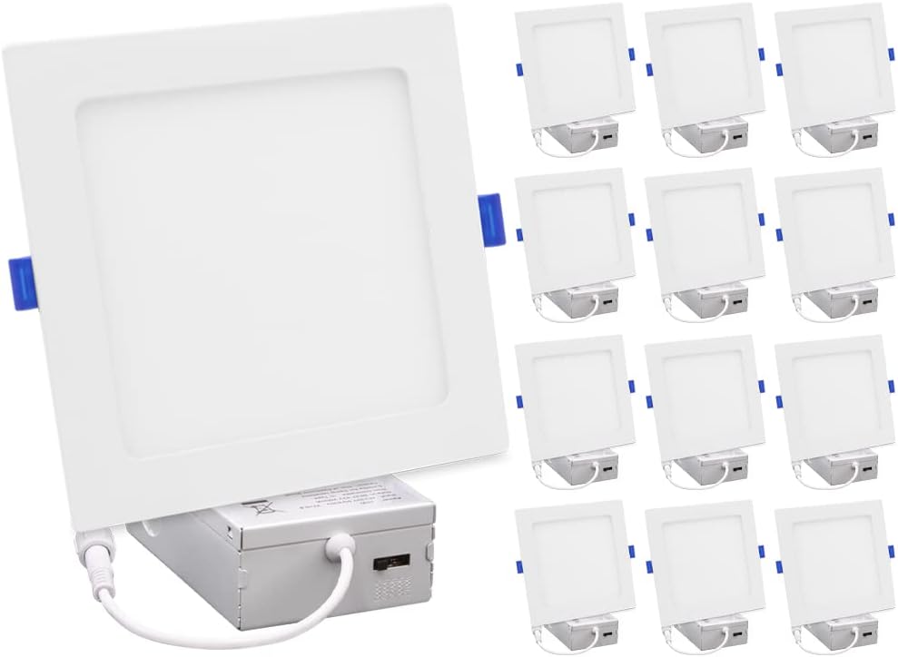 Maxxima 6 in. Slim LED Downlight - Canless Square 5 CCT Ultra-Thin Recessed, 1000 Lumens, Color Selectable 2700K-5000K (2700K/3000K/3500K/4000K/5000K), Dimmable IC Rated, J-Box Included - 12 Pack