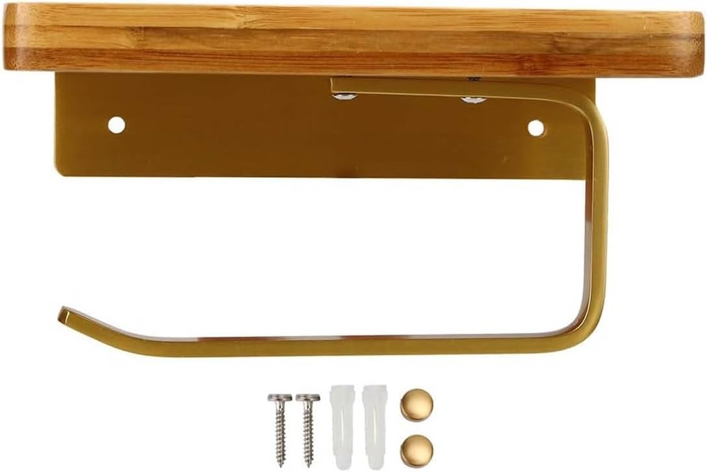 Toilet Paper Holder with Wood Shelf, Gold Wall Mount Wooden Shelf for Hanging Roll Tissue Paper Towel Holder for Bathroom Accessories
