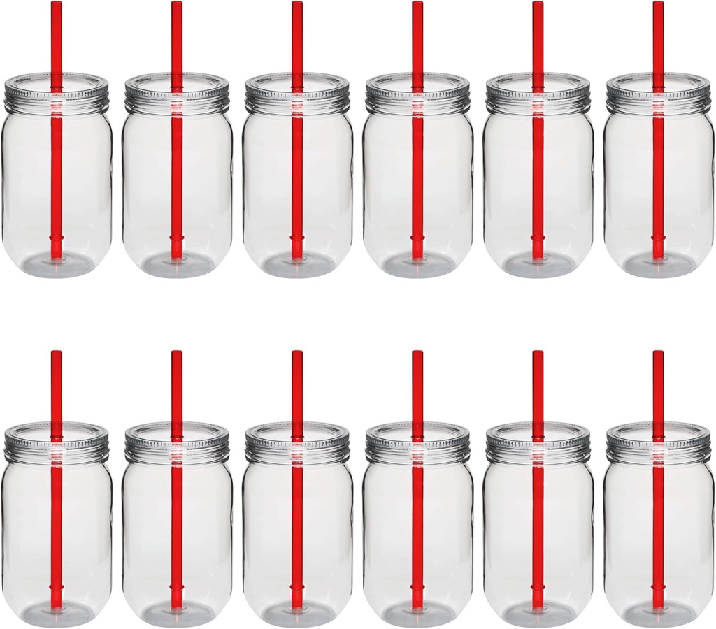 DISCOUNT PROMOS Plastic Mason Jars with Straw Set 24 oz. Set of 12, Bulk Pack - Jars for Overnight Oats, Candies, Fruits, Pickles, Spices, Beverages - Red