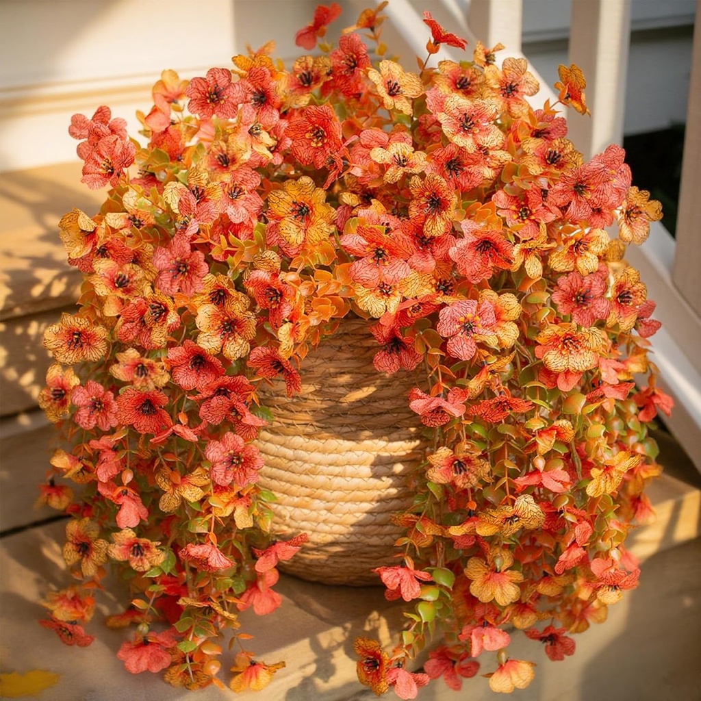 INSPRING Artificial Mums for Outdoors Decoration Fall Fake Flowers for Outside Decor, 2Pcs Silk Daisy with Eucalyptus UV Resistant Realistic Vines for Front Door Yard Patio Porch Planter Home