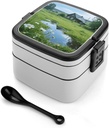 Countryside Landscape Bento Box - Double Layer, Leakproof Food Containers with Partition & Spoon, Stackable Lunch Box for Office, Travel, Camping