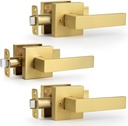 Moquin Brushed Gold 3 Pack Wholesale Square Design Non-Locking Passage Door Handle, Heavy Duty Door Lever Without Keys and Lock, Reversible Handle for Hallway/Closet Door in Satin Brass Finish