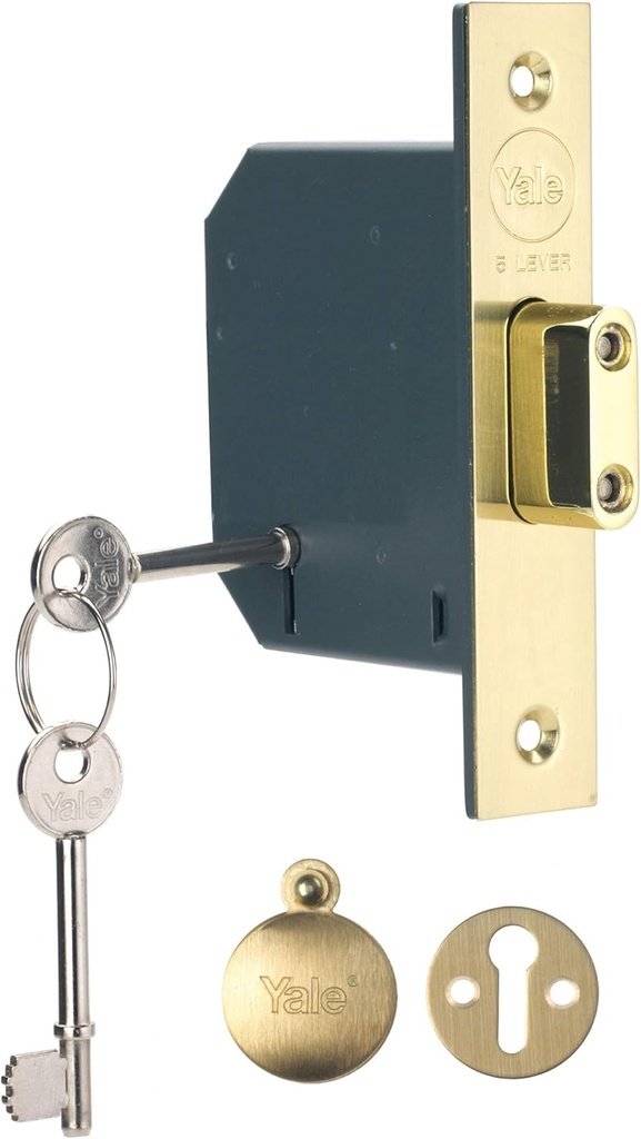 Yale P-M552-PB-65 5 Lever Mortice Deadlock, Boxed, Suitable for External Doors, Brass Finish, 2.5 Inch/64 mm