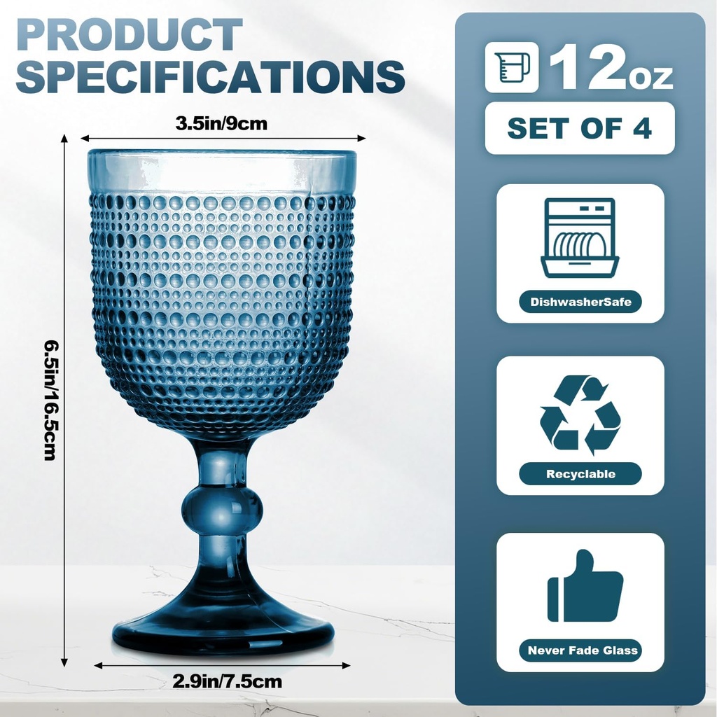 12 oz Blue Vintage Wine Glasses,Hobnail Drinking Glasses Set of 4,Embossed Goblet Glasses for Wedding,Party, Dinner,Bar