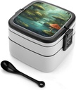 Personalize Double Layer Bento Box View of Fantasy River Mushroom Lunch Box - Durable, Leak-Proof with Spoon Adult Premium Bento Case for Work Travel Camping