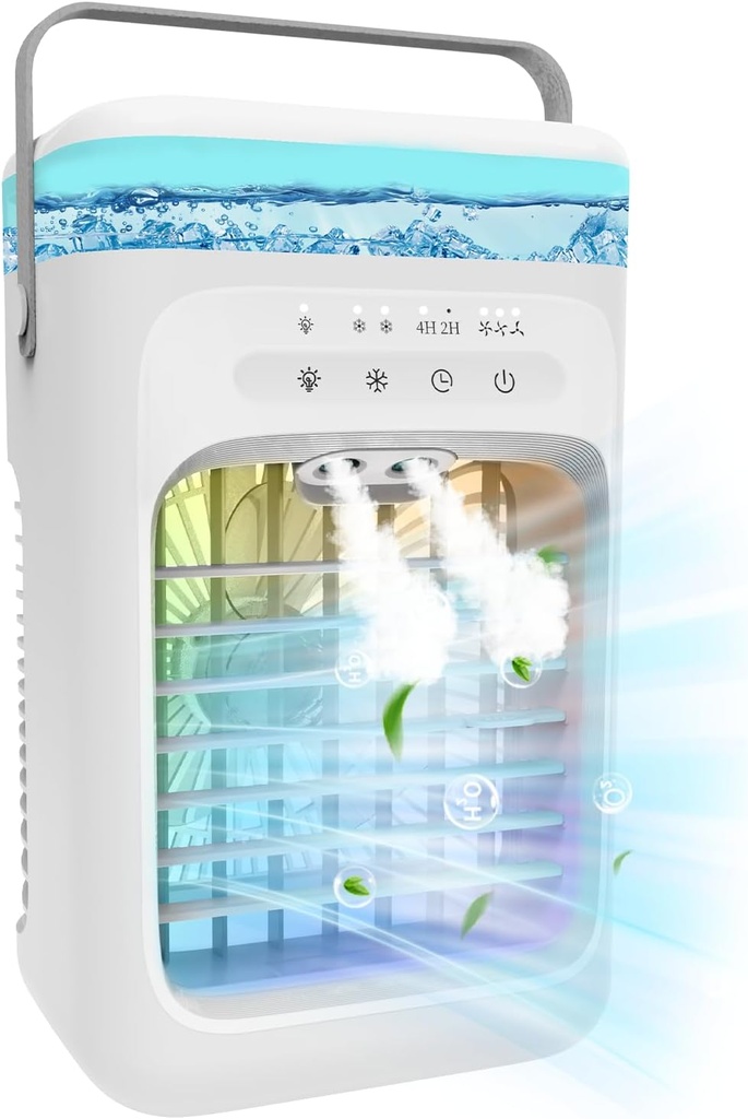 Portable Air Conditioners, 2025 Upgrade Evaporative Air Conditioner Air Cooler with 3 Wind Speeds, 2-4H Timer, 7-Color LED, Eco-Friendly Mini Cooling Fan for Home, Bedroom, Office, and Travel,White