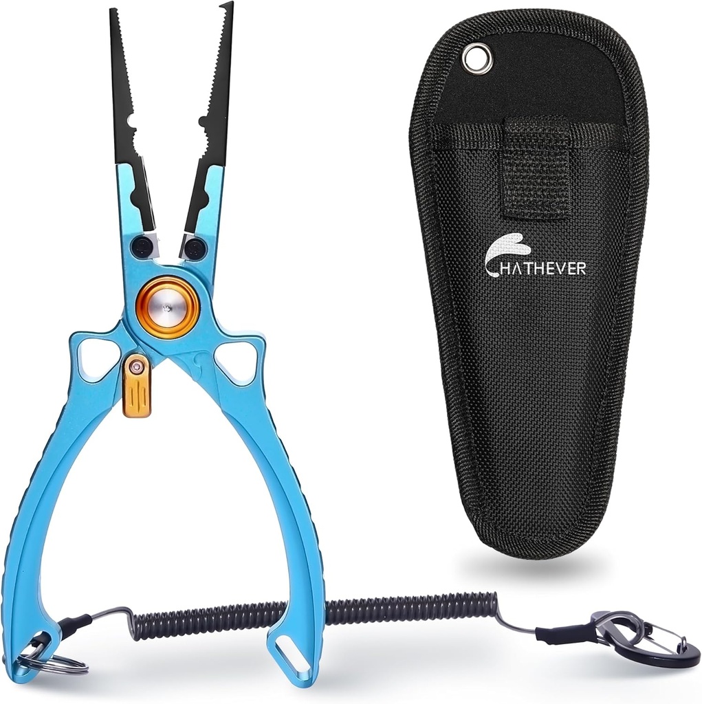 Fishing Pliers Hook Remover, Split Ring Pliers with Tungsten Carbide Blades, 6061 Aluminum Handle, Lockable, Comes with Sheath & Lanyard, Fishing Gift for Men