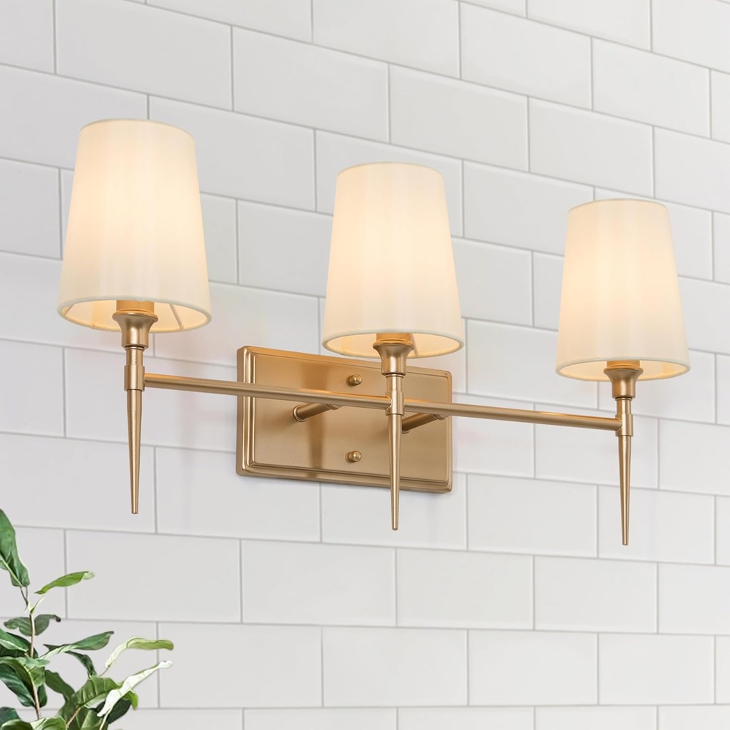 Bathroom Wall Light Fixtures, 3-Light Gold Vanity Light with White Fabric Shade, Modern Wall Lamp Over Mirror for Hallway, Bedroom, Kitchen, and Living Room