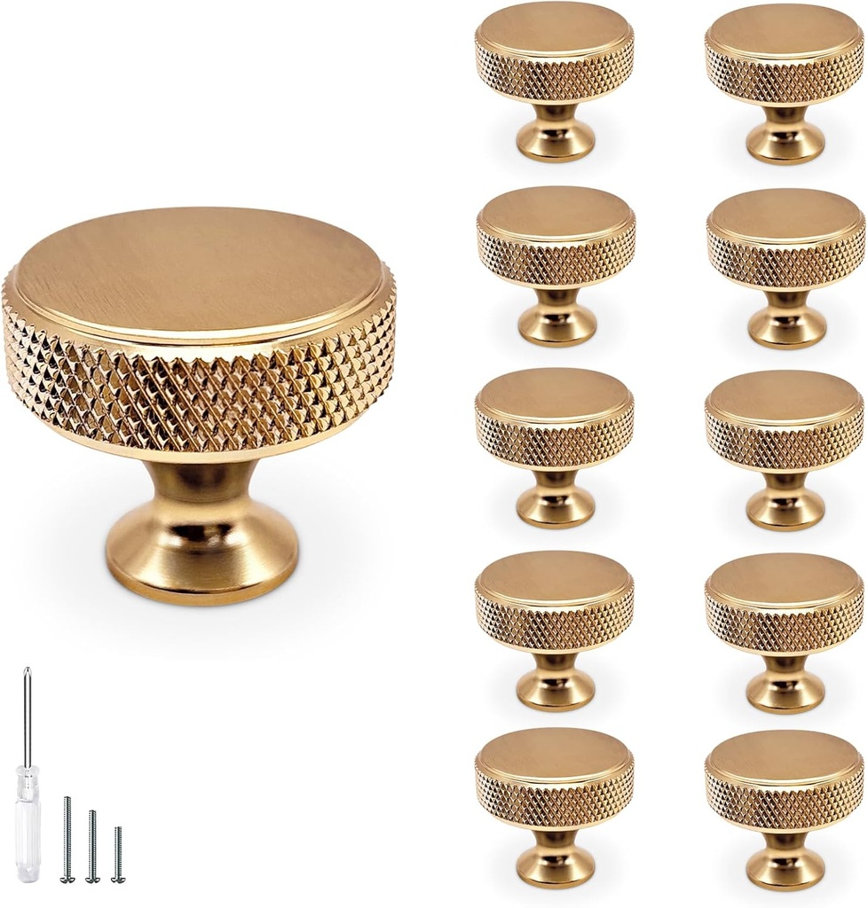 10 Pack Brushed Gold Kitchen Cabinet Knobs, Kitchen Knobs for Cabinet Dresser Drawer Pull Handles Closet Door Knobs Easy Install Durable Hardware (Round, Gold)
