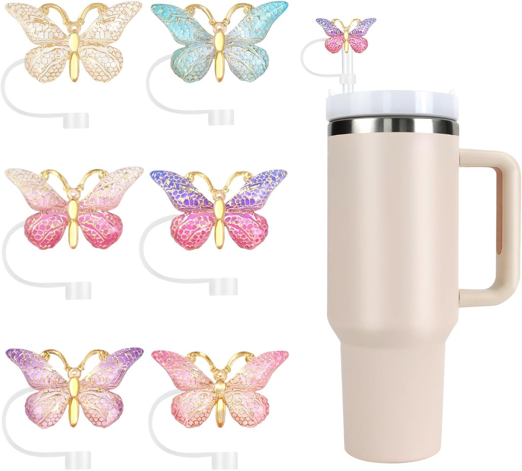 Stanley Straw Cover Cap, 6PCS Glitter Toppers for Stanley Cup, Reusable Tumbler Accessories Compatible with 10mm Straw, Christmas Funny Gifts for Women & Girls (ButterflyA)
