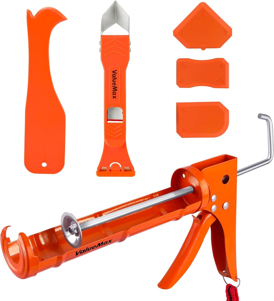 ValueMax Caulk Gun and Caulk Scraper Kit, 10OZ Smooth Silicone Caulking Gun with Caulk Remover Tool, 10:1 Thrust Ratio, Sealant Finishing Tool Grout Scraper for Caulking/Filling/Sealing
