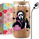 16oz Halloween Ghost Glass Cups with Lids and Straws, Cute Scream Skull Themed Pattern. Iced Coffee Tumblers,Halloween Box for Adults & Teens Gifts, Include 1 Silicone Straw Covers