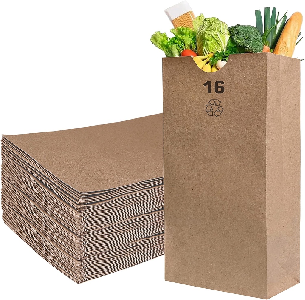 EcoQuality 100 Brown Kraft Paper Bag (16 lb) Small - Paper Lunch Bags, Snacks, Gift Bags, Grocery, Merchandise, Party Bags,To Go, Carry Out, Recyclable (7 3/4" x 4 13/16" x 16") (16 Pound Capacity)