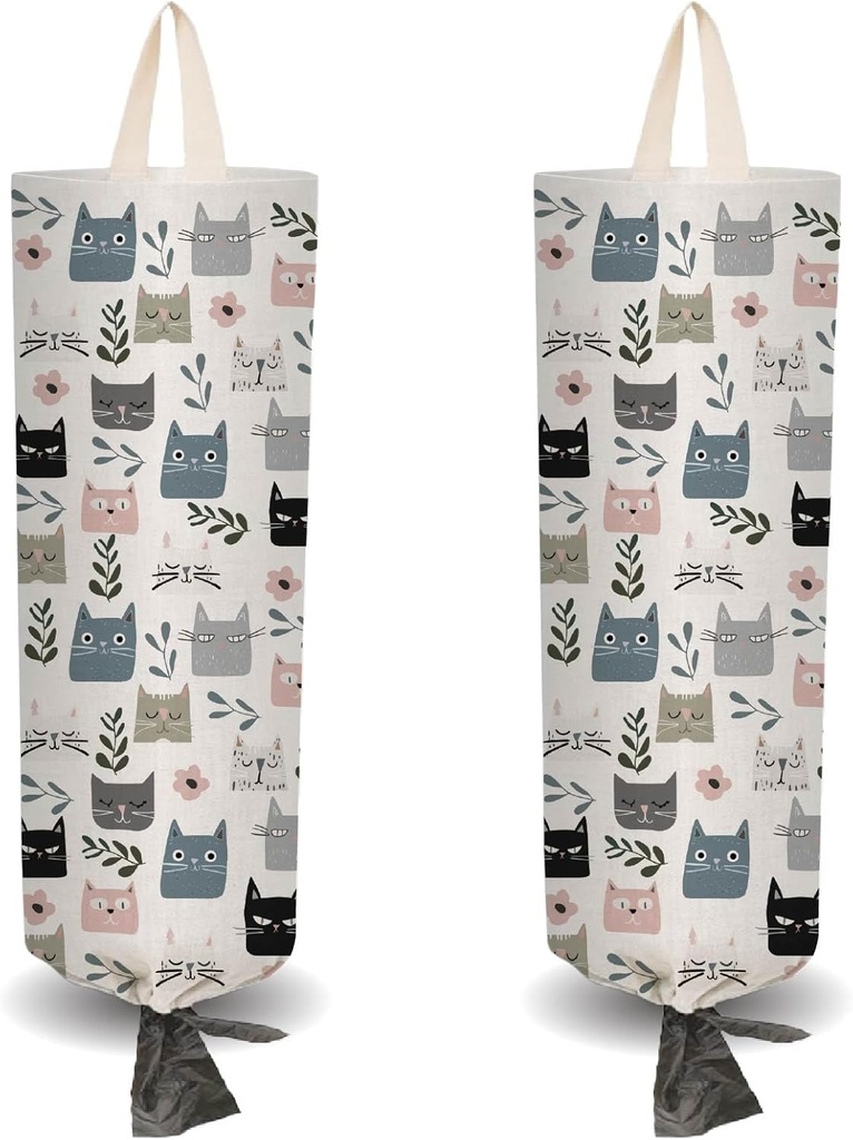 CRASPIRE 2Pcs Cat Leaf Flower Cloth Plastic Bag Holder with 4 Adhesive Hook Reusable Grocery Organizer Washable Wall Mount Hanging Trash Shopping Bag Storage Dispenser for Cabinet Home Kitchen Pantry