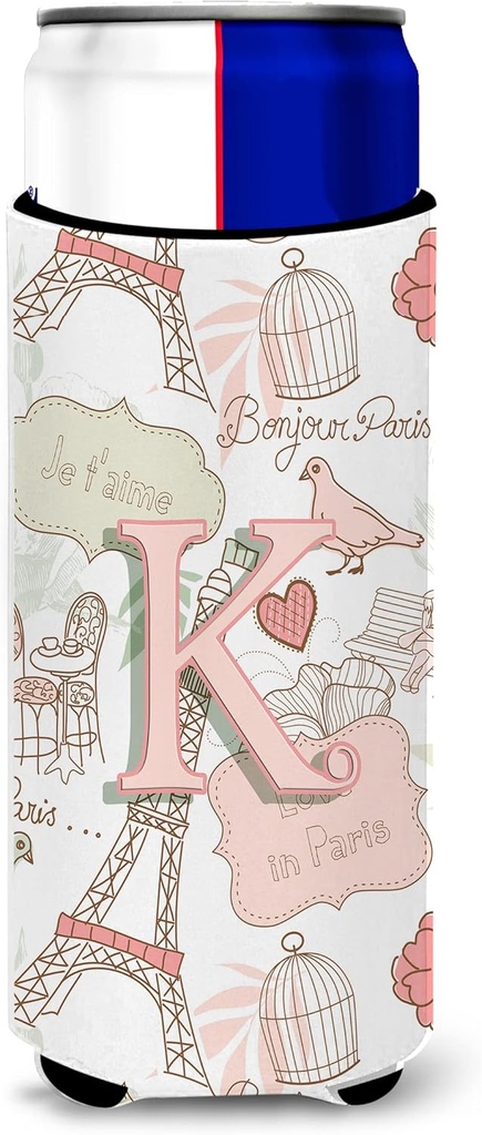 Letter K Love in Paris Pink Ultra Beverage Insulators for slim cans