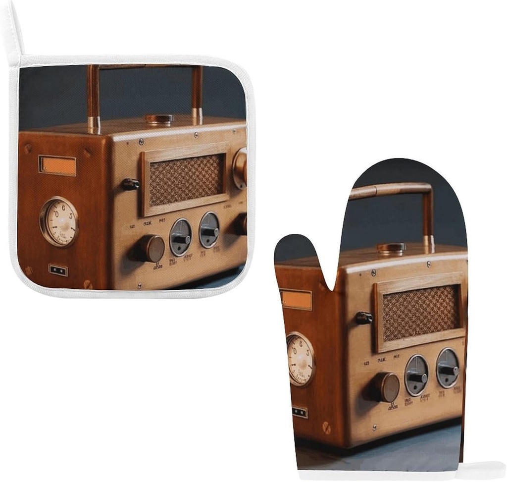 Oven Mitts and Pot Holders Set of 2 Heat Resistant Non-Slip Oven Gloves Hot Pads Waterproof Wooden Radio Oven Mitten for Cooking Microwave BBQ Baking Grilling