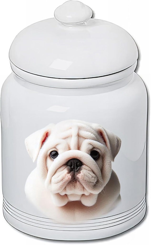 Best of Breed Bulldog White Dog and Cat Ceramic Treat Jar 9" Tall Air Tight Seal All White..