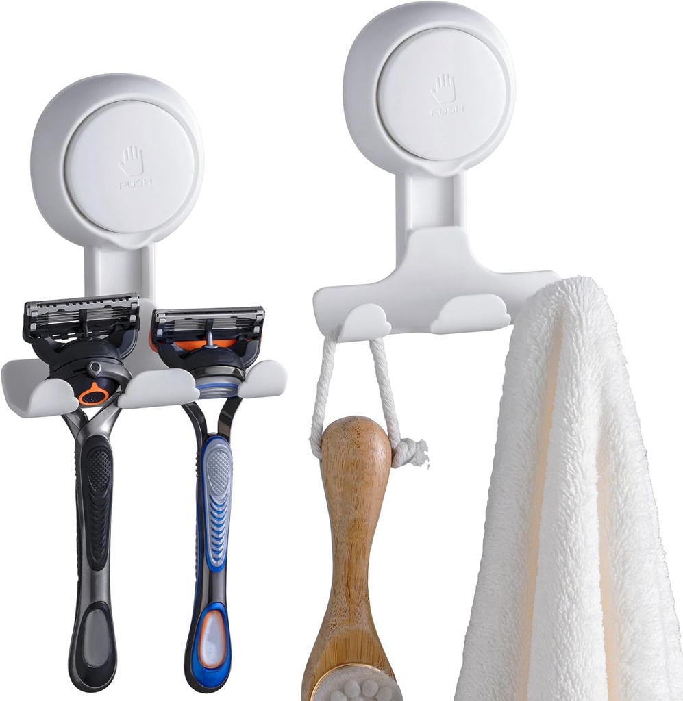 TAILI Suction Cup Razor Holder in Shower 2 Pack, Towel, Loofah, Shaver Holder for Bathroom Wall, Powerful Suction Cup Shower Hooks, Easy to Install and Reuse, White