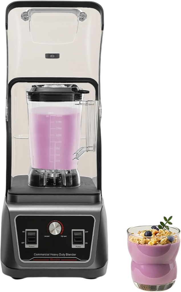 Soundproof Cover Blender With Shield Quiet Sound Enclosure 2200W Commercial Smoothie Maker Countertop Blender Fruit Food Mixer Soy milk Juicer Processor (Black)