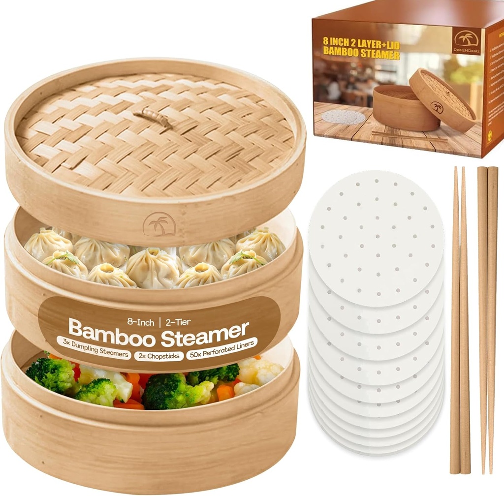 2-Tier 08-inch Bamboo Steamer Basket with Lid|3x Pc Dumpling steamer|2x Chopsticks|50x Perforated Liners| Easy to clean bamboo Steamer Baskets for Cooking Rice & Vegetable