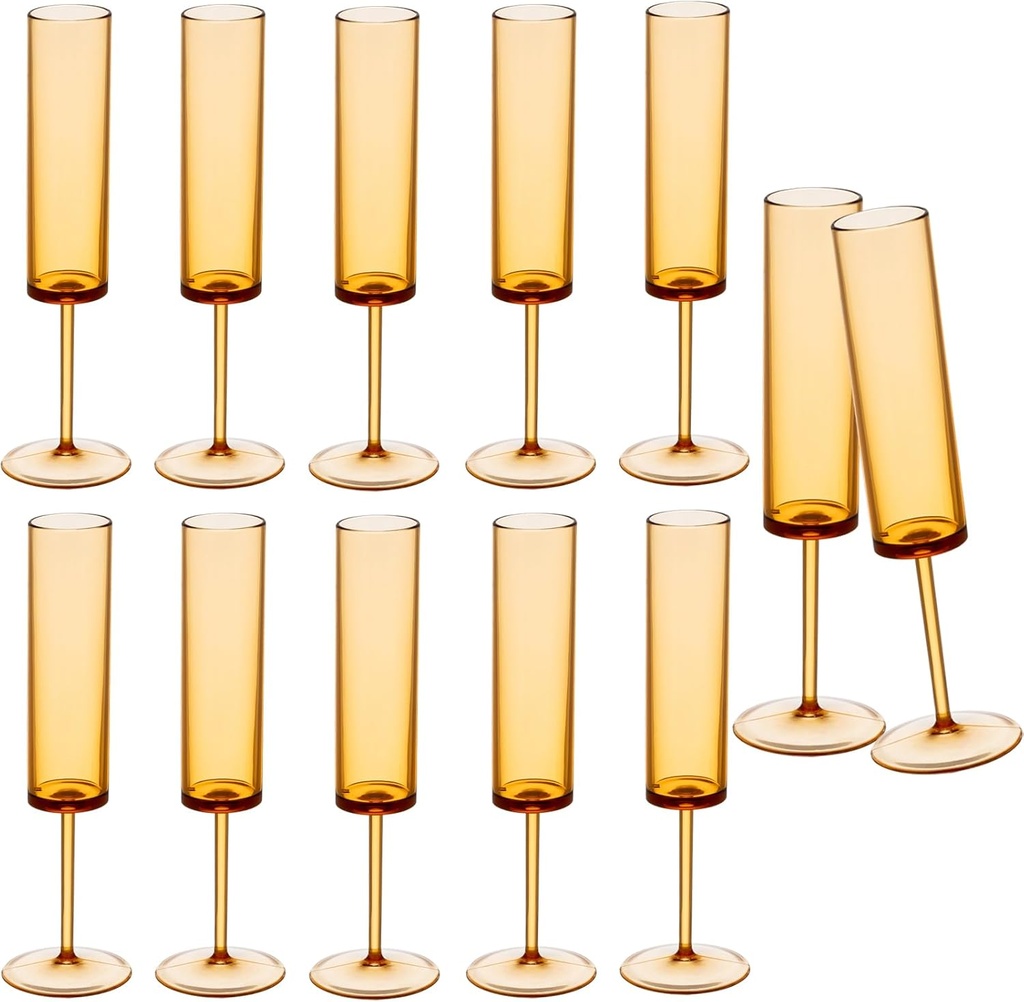 Amber Plastic Champagne Flutes, 12 Pcs Shatterproof Reusable High Clear Champagne Glasses, 6 oz Acrylic Unbreakable Elegant Party Drinking Cocktail Wine Glasses Wedding Birthday Bar Toasting Goblets