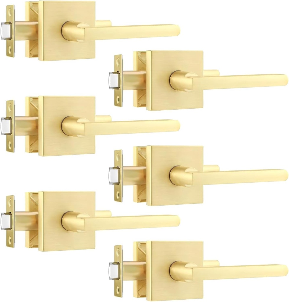 Leydebong 6 Pack Hallway Closets Passage Door Levers, Modern Gold Door Handles Keyless Non-Locking, Heavy Duty Lockset Right or Left Handed Levers