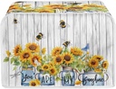 Sunflower Toaster Cover for 4 Slice, Small Kitchen Appliance, Summer Flower Bee Farmhouse Wooden Striped Toaster Oven With Loop, Bread Machine Polyester Dust Protection