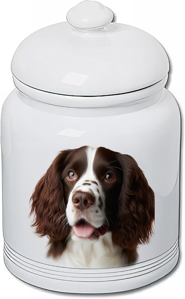 Best of Breed Springer Spaniel L/W Dog and Cat Ceramic Treat Jar 9" Tall Air Tight Seal All White