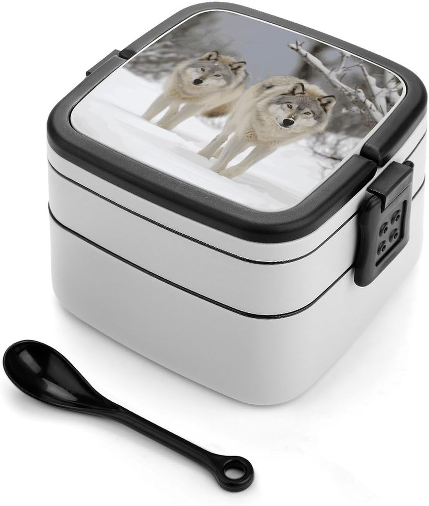 Bento Box Stackable Lunch Box with 2 Compartments Leak-Proof Food Storage Containers Two Wolves Walking in The Snow Bento Lunch Box for Adults Lunch Containers with Utensil Set
