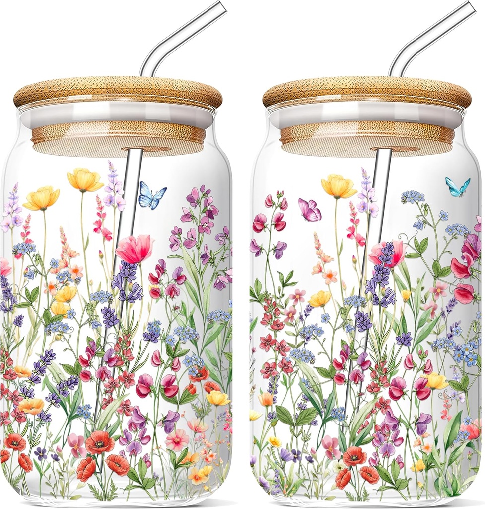 Floral Glass Cups with Lids and Straws 16 Oz Flower Iced Coffee Cup Cute Wildflower Drinking Glasses Birthday Mothers Day Valentines Christmas Flowers Gifts for Women Her Mom Friends