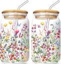Floral Glass Cups with Lids and Straws 16 Oz Flower Iced Coffee Cup Cute Wildflower Drinking Glasses Birthday Mothers Day Valentines Christmas Flowers Gifts for Women Her Mom Friends