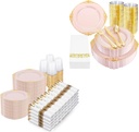 Nervure 1050PCS Pink Gold Plastic Plates - Pink Plastic Dinnerware Sets for 150 Guests - 300 Disposable Plates, 450 Silverware, 150 Cups, 150 Napkins for Wedding, Birthday & Party