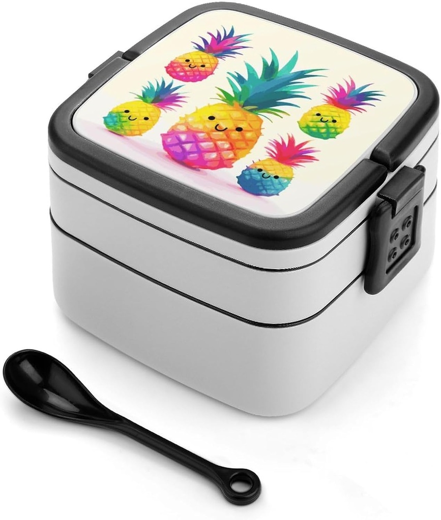 Rainbow Pineapple Cartoon Bento Box for Adults Double Layer Lunch Box with Spoon And Invisible Handle Microwave Dishwasher Safe Leak Proof Meal Prep Lunch Containers for Office Picnic