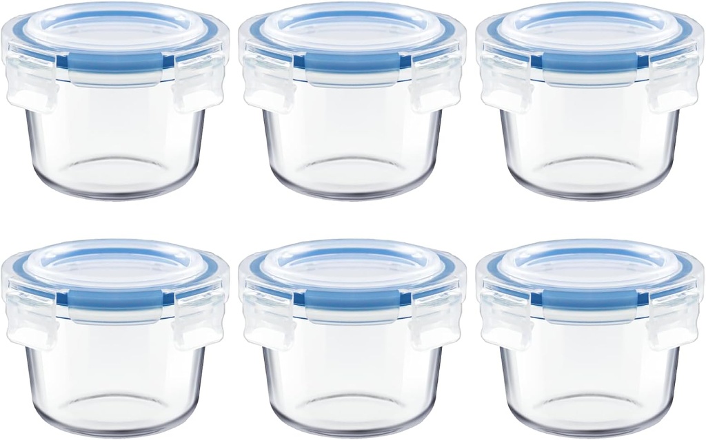 Set of 6 Small Glass Storage Containers, 7 oz Food Containers with No-Spill Lids, Thick Glass Jars for Meal Prep, Baby’s Snacks, Leftovers and Sauces, Dishwasher & Microwave Safe