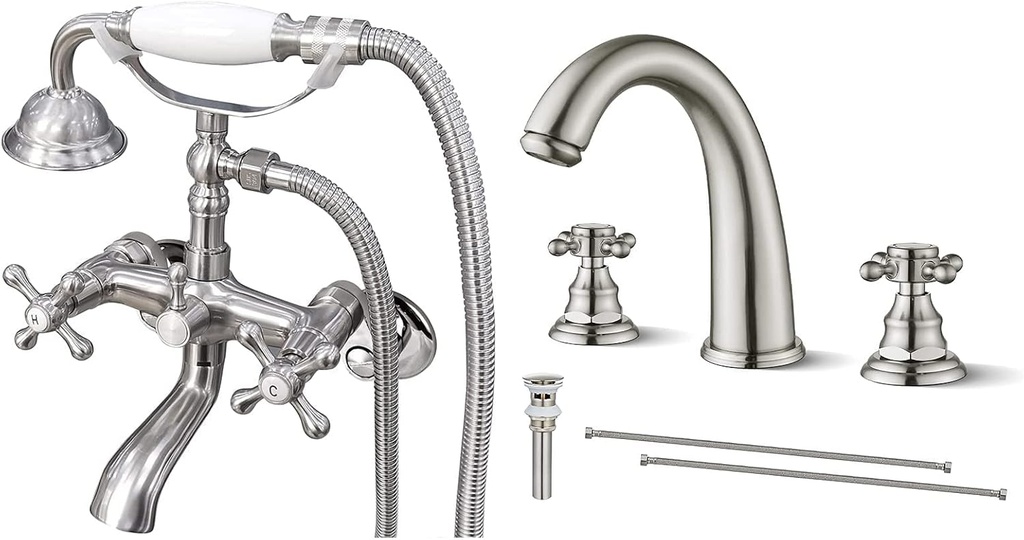 Bathtub Clawfoot Faucet Tub Filler Hand Held Shower 2 Cross Handles with Tub Spout 3 Holes Widespread Bathroom Faucet Brushed Nickel 8” 2 Cross Handle Mixer with Pop Up Drain