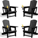Adirondack Chairs Set of 4,Adirondack Chair with Cup Holders,Wooden Textured Plastic Fire Pit Chair,All-Weather Outdoor Patio Chairs for Lawn,Backyard Deck, Porch,400LBS Heavy-Duty,Black
