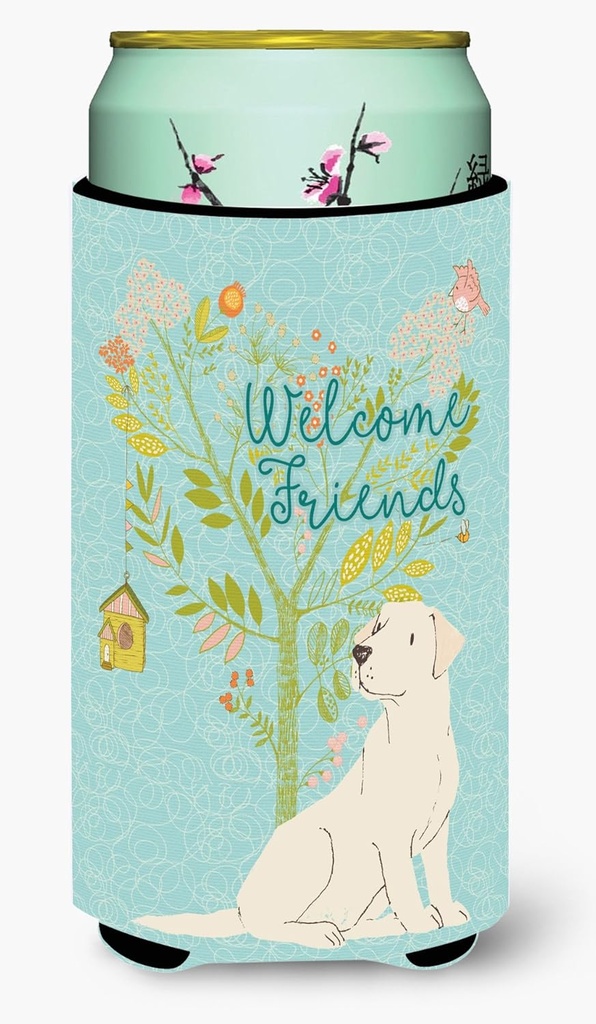 Caroline's Treasures BB7596TBC Welcome Friends Yellow Labrador Retriever Tall Boy Hugger Can Cooler Sleeve Hugger Machine Washable Drink Sleeve Hugger Collapsible Insulator Beverage Insulated Holder