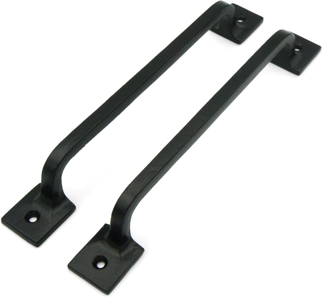 CRAFTSMAN ROAD Black Cast Iron Pull Handles 12 inch (Squared Base, Set of 2) - Cabinet Door Handles, Gate Handle Pull, Barn Door Hardware, Grab Handles