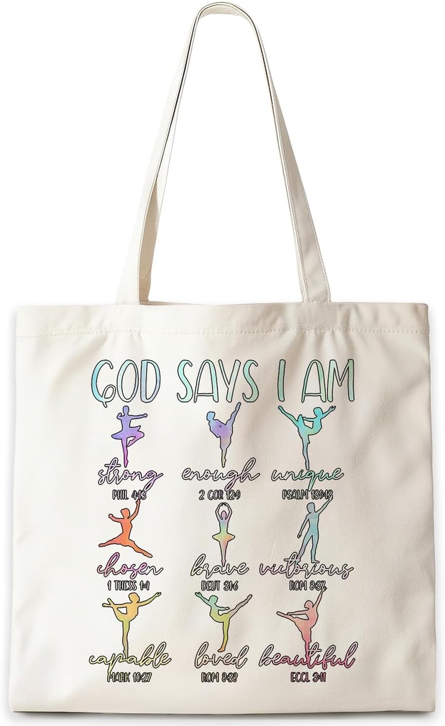 Christian Dancer Tote Bag, God Says I Am Bible Verse Canvas Tote Bags, Christian Gifts for Women, Religious Scripture Reusable Grocery Shopping Bag