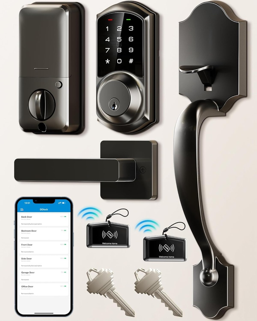 Veise VE06-H Smart Front Door Lock Set, App Control, Keyless Entry Deadbolt with Lever Handle, Electronic Digital Touchscreen Keypad, Auto Lock, Easy Install, Matte Black