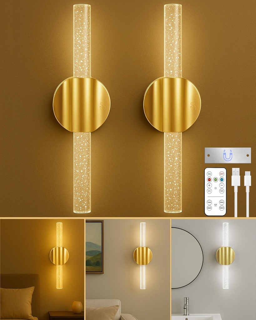 Rechargeable Wall Sconces Set of 2, Gold Wireless Magnetic Battery Operated Wall Lights with Remote & Touch Control, Dimmable Cordless Wall Lamps for Bedroom Living Room Bathroom Decor