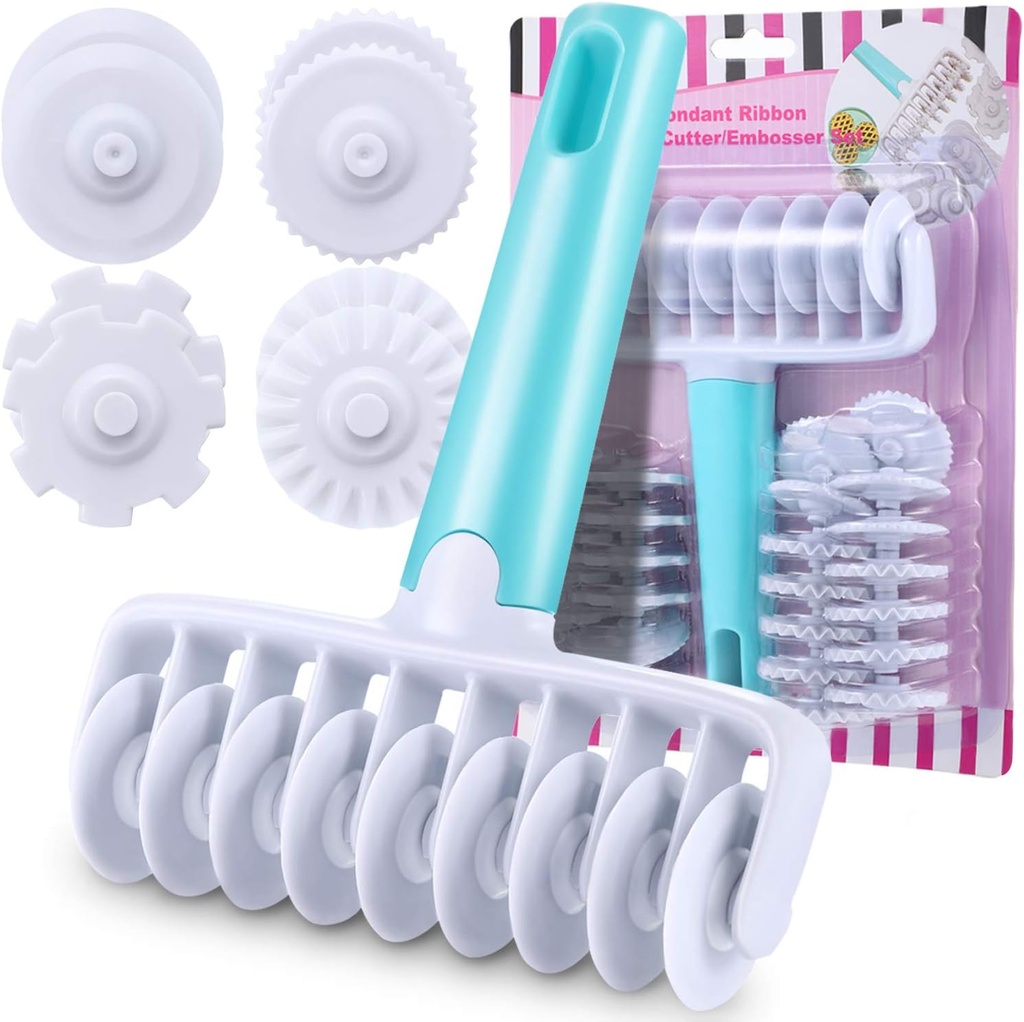 Boao Fondant Ribbon Cutter Wheel Roller Mold Dough Lattice Cutter 4 Different Gears Embosser Set Noodle Dough Roller Pastry Tools for Pie Baking