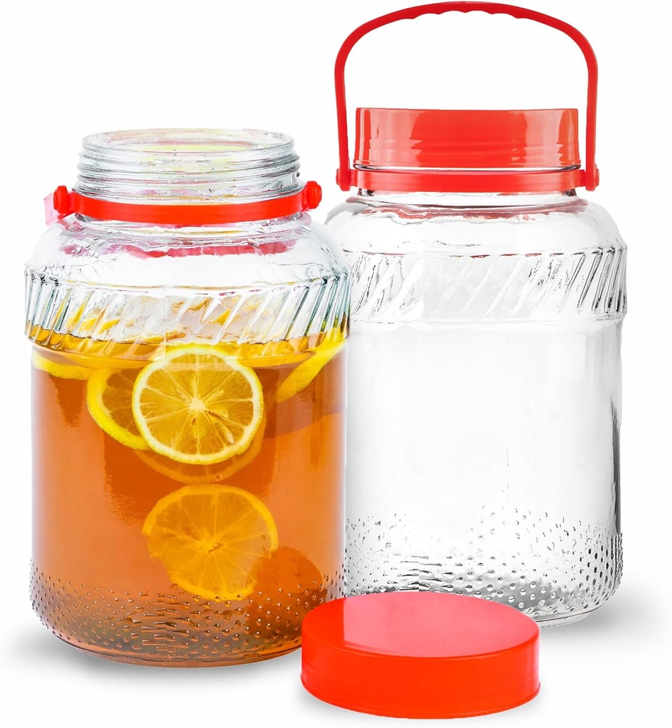 1 Gallon Glass Jar With Lid (2 Pack) 128 oz Large Mason Jars Wide Mouth for Sun Tea, Big Kombucha Jugs for Fermentation, Kimchi Container, Cabbage, Tomatoes, Pickles, Hot Peppers, Duck Eggs